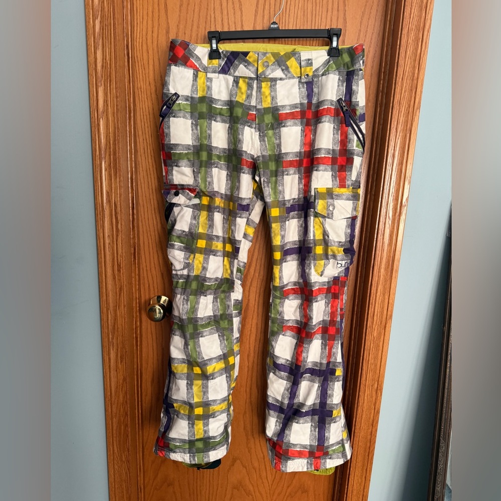 Burton White Plaid Straight Leg Snow Pants with Multicolor Grid